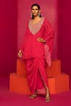 Buy_Krisha sunny Ramani_Fuchsia Crepe Printed Geometric Plunge V Neck Kurta And Dhoti Skirt Set _at_Aza_Fashions