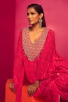 Buy_Krisha sunny Ramani_Fuchsia Crepe Printed Geometric Plunge V Neck Kurta And Dhoti Skirt Set _Online_at_Aza_Fashions