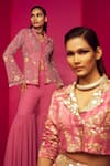 Shop_Krisha sunny Ramani_Pink Georgette Embroidery Glass Bead Shawl Collar Blazer And Gharara Set _Online_at_Aza_Fashions