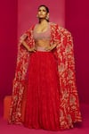 Buy_Krisha sunny Ramani_Red Georgette Printed Chandelier Cape Open Lehenga Set _at_Aza_Fashions