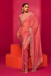 Buy_Krisha sunny Ramani_Pink Georgette Embroidery Cutdana Round Border Pre-draped Saree With Blouse _at_Aza_Fashions