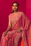 Krisha sunny Ramani_Pink Georgette Embroidery Cutdana Round Border Pre-draped Saree With Blouse _Online_at_Aza_Fashions