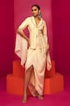 Buy_Krisha sunny Ramani_Ivory Georgette Printed Floral Lapel Collar Blazer And Dhoti Skirt Set _at_Aza_Fashions