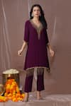 Buy_Amani_Purple Crepe Silk Hand Embroidered Stone Yoke Kurta And Pant Set  _at_Aza_Fashions