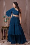 Buy_Amani_Blue Crepe Silk Hand Embellished Sequins One Blouse And Tiered Skirt Set  _at_Aza_Fashions