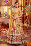 Kalista_Yellow Raw Silk Printed And Hand Embroidered Mughal U Adhaya Lehenga Set _Online_at_Aza_Fashions