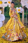 Kalista_Yellow Raw Silk Printed And Hand Embroidered Garden U Shirin Lehenga Set_Online_at_Aza_Fashions