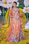 Buy_Kalista_Peach Raw Silk Printed And Hand Embroidered Floral Garden Shirin Lehenga Set_at_Aza_Fashions