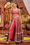 Buy_Kalista_Orange Raw Silk Printed And Hand Embroidered Gulnar Slit Lehenga Set With Pant _at_Aza_Fashions