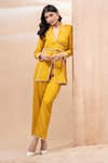 Seeaash_Yellow Cotton Embellished Lace Lapel Solid Wrap Blazer With Pant _Online_at_Aza_Fashions