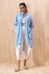 Buy_Seeaash_Blue Seer Sucker Embellished Lace Kaftan Mandarin Collar Cowl Pant Set_at_Aza_Fashions