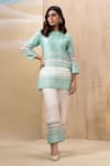 Buy_Seeaash_Blue Chanderi Embroidered Lace Round Aqua Striped Short Kurta And Pant Co-ord Set_at_Aza_Fashions