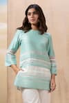 Seeaash_Blue Chanderi Embroidered Lace Round Aqua Striped Short Kurta And Pant Co-ord Set_Online_at_Aza_Fashions