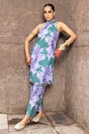 Buy_Seeaash_Purple Dola Silk Printed Botanical Halter Neck Amara Kurta And Pant Set _at_Aza_Fashions