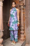 Seeaash_Purple Dola Silk Printed Botanical Halter Neck Amara Kurta And Pant Set _Online_at_Aza_Fashions