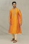 Buy_Arihant Rai Sinha_Orange Kurta Art Silk Embroidered Placket Zari With Churidar _at_Aza_Fashions