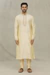 Arihant Rai Sinha_Beige Kurta Art Silk Embroidered Placket Tonal Thread Straight With Churidar _Online_at_Aza_Fashions