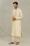 Buy_Arihant Rai Sinha_Beige Kurta Art Silk Embroidered Placket Tonal Thread Straight With Churidar _Online_at_Aza_Fashions