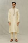 Arihant Rai Sinha_Beige Kurta Art Silk Embroidery Tonal Abstract Leaf Placket With Churidar _Online_at_Aza_Fashions