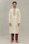 Arihant Rai Sinha_Beige Silk, Denim Embroidery Leaf Pattern Kurta With Churidar_Online_at_Aza_Fashions