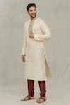 Buy_Arihant Rai Sinha_Beige Silk, Denim Embroidery Leaf Pattern Kurta With Churidar_Online_at_Aza_Fashions
