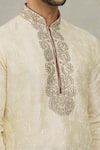 Shop_Arihant Rai Sinha_Beige Silk, Denim Embroidery Leaf Pattern Kurta With Churidar_Online_at_Aza_Fashions