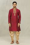 Arihant Rai Sinha_Maroon Kurta Art Silk Embroidered Thread Floral Placket And Dhoti Pant Set _Online_at_Aza_Fashions