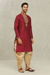 Buy_Arihant Rai Sinha_Maroon Kurta Art Silk Embroidered Thread Floral Placket And Dhoti Pant Set _Online_at_Aza_Fashions