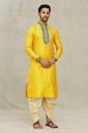 Buy_Arihant Rai Sinha_Yellow Kurta Art Silk Embroidered Thread Running Stitch And Dhoti Pant Set _at_Aza_Fashions