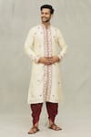 Buy_Arihant Rai Sinha_Beige Kurta Art Silk Embroidered Thread Paisley And Dhoti Pant Set _at_Aza_Fashions