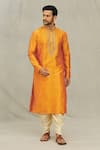 Buy_Arihant Rai Sinha_Orange Kurta Art Silk Embroidered Thread Work Mandarin Collar Set _at_Aza_Fashions