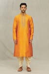 Arihant Rai Sinha_Orange Kurta Art Silk Embroidered Thread Work Mandarin Collar Set _Online_at_Aza_Fashions