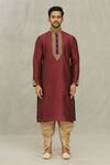 Arihant Rai Sinha_Maroon Kurta Art Silk Embroidered Dori Work Vintage Yoke Set _Online_at_Aza_Fashions