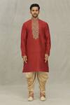 Arihant Rai Sinha_Maroon Silk, Cotton Embroidery Floral Straight Kurta Set _Online_at_Aza_Fashions