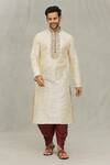 Buy_Arihant Rai Sinha_Beige Kurta Art Silk Embroidered Thread Swirl Work Set _at_Aza_Fashions