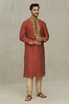 Buy_Arihant Rai Sinha_Maroon Silk Embroidery Vintage Pattern Thread Work Kurta Set_at_Aza_Fashions
