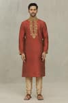 Arihant Rai Sinha_Maroon Silk Embroidery Vintage Pattern Thread Work Kurta Set_Online_at_Aza_Fashions