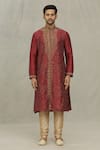 Arihant Rai Sinha_Maroon Kurta Art Silk Embroidered Dori Vintage Pattern Thread Set _Online_at_Aza_Fashions