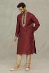 Buy_Arihant Rai Sinha_Maroon Kurta Art Silk Embroidered Placket Contrast Zari With Churidar _at_Aza_Fashions