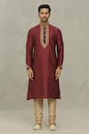 Arihant Rai Sinha_Maroon Kurta Art Silk Embroidered Placket Contrast Zari With Churidar _Online_at_Aza_Fashions