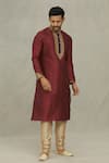 Buy_Arihant Rai Sinha_Maroon Kurta Art Silk Embroidered Placket Contrast Zari With Churidar _Online_at_Aza_Fashions