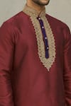 Shop_Arihant Rai Sinha_Maroon Kurta Art Silk Embroidered Placket Contrast Zari With Churidar _Online_at_Aza_Fashions