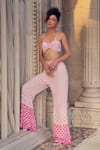 Shop_TABEER INDIA_Pink Net Embroidered Cutdana Sweetheart Noodle Strap Bustier Top With Trouser _Online_at_Aza_Fashions