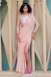 Buy_TABEER INDIA_Pink Georgette Hand Embellished Pre-draped Thigh Slit Saree With Blouse _at_Aza_Fashions