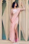 Buy_TABEER INDIA_Pink Georgette Hand Embellished Pre-draped Thigh Slit Saree With Blouse _Online_at_Aza_Fashions