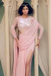 Shop_TABEER INDIA_Pink Georgette Hand Embellished Pre-draped Thigh Slit Saree With Blouse _Online_at_Aza_Fashions