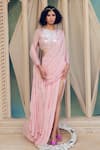 TABEER INDIA_Pink Georgette Hand Embellished Pre-draped Thigh Slit Saree With Blouse _at_Aza_Fashions