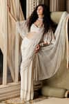 TABEER INDIA_Ivory Net And Georgette Hand Embellished Sequins Pre-draped Saree & Cape Set _Online_at_Aza_Fashions