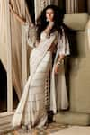 Buy_TABEER INDIA_Ivory Net And Georgette Hand Embellished Sequins Pre-draped Saree & Cape Set _Online_at_Aza_Fashions