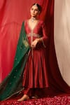 Buy_TABEER INDIA_Red Anarkali Silk Chanderi Embellished Dabka V Neck Sequin Palazzo Set _at_Aza_Fashions